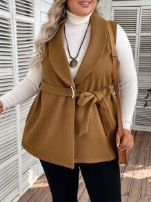 EMERY ROSE Plus Shawl Collar Belted Vest Overcoat - Brown - View 1
