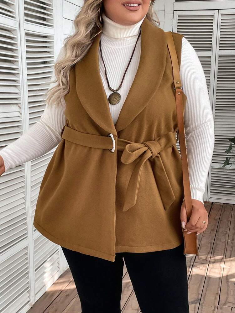 Plus Shawl Collar Belted Vest Overcoat