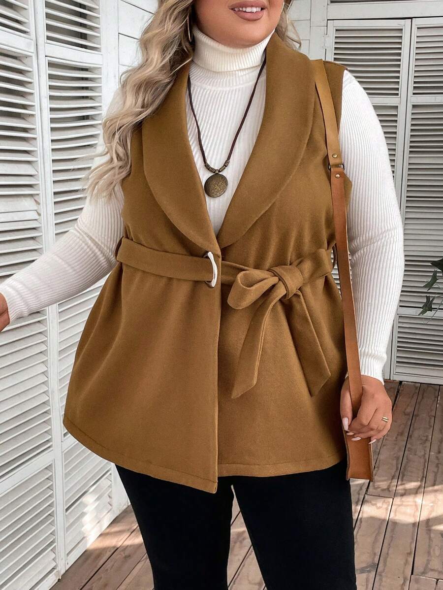 EMERY ROSE Plus Shawl Collar Belted Vest Overcoat - Brown - View 1