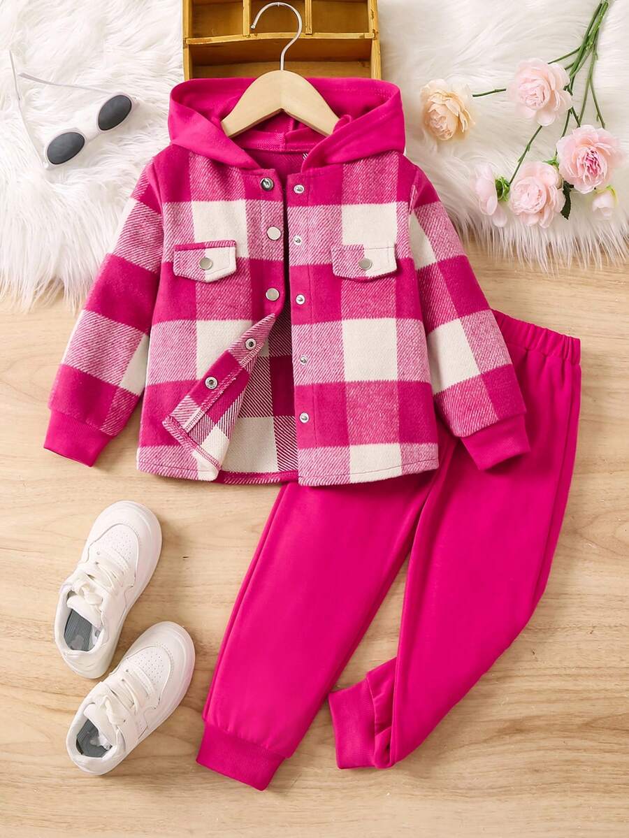 SHEIN 少女格紋連帽外套和褲裝套裝