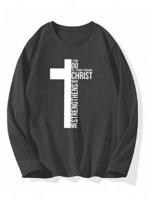 男士長袖文字印花t恤 - 深灰色 - 查看 3