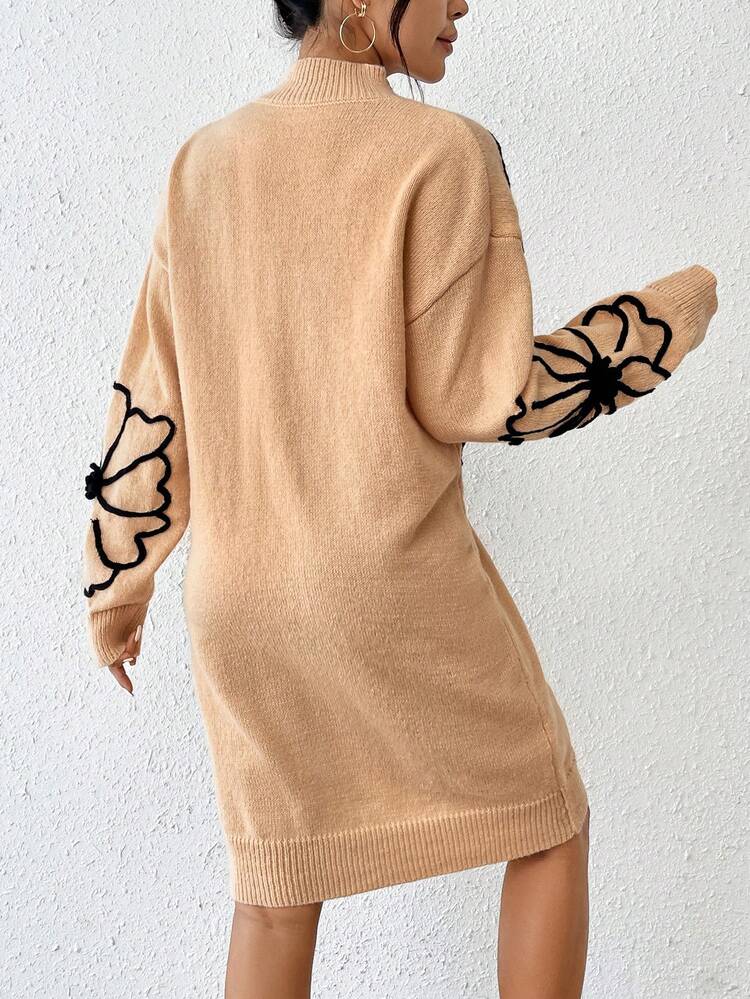 Women's Floral Pattern Half Turtleneck Sweater Dress
