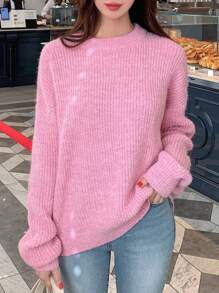 DAZY Áo len cổ tròn tay trễ vai màu trơn, áo dài tay mùa thu - Hồng - Xem 7