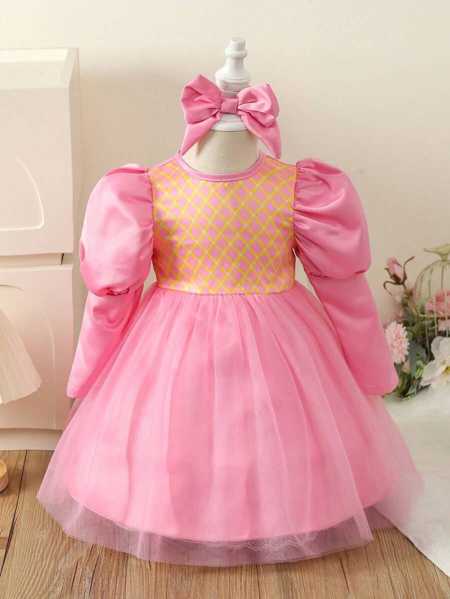 Baby Girls' Elegant Wedding Dress With Tulle Flounced Hem, Satin And Golden Print Design, With A Headband - Hot Pink - View 1