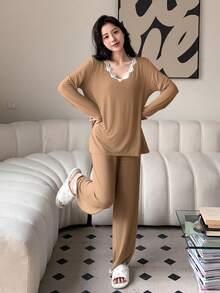 DAZY Phụ nữ Ren Vá lại Bộ mặc nhà - màu nâu - Xem 4