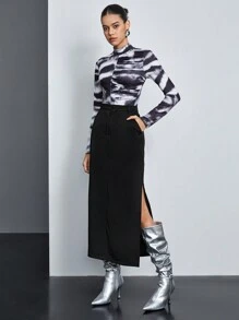 BizChic 純色高開衩半身裙 - 黑色 - 查看 3