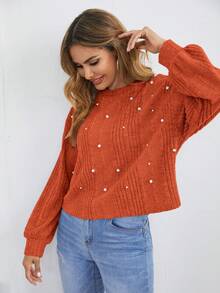 SHEIN LUNE Pearls Beaded Drop Shoulder Tee - Burnt Orange - View 4
