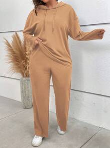 SHEIN Franclia Plus Drop Shoulder Drawstring Hoodie & Pants - Apricot - View 1