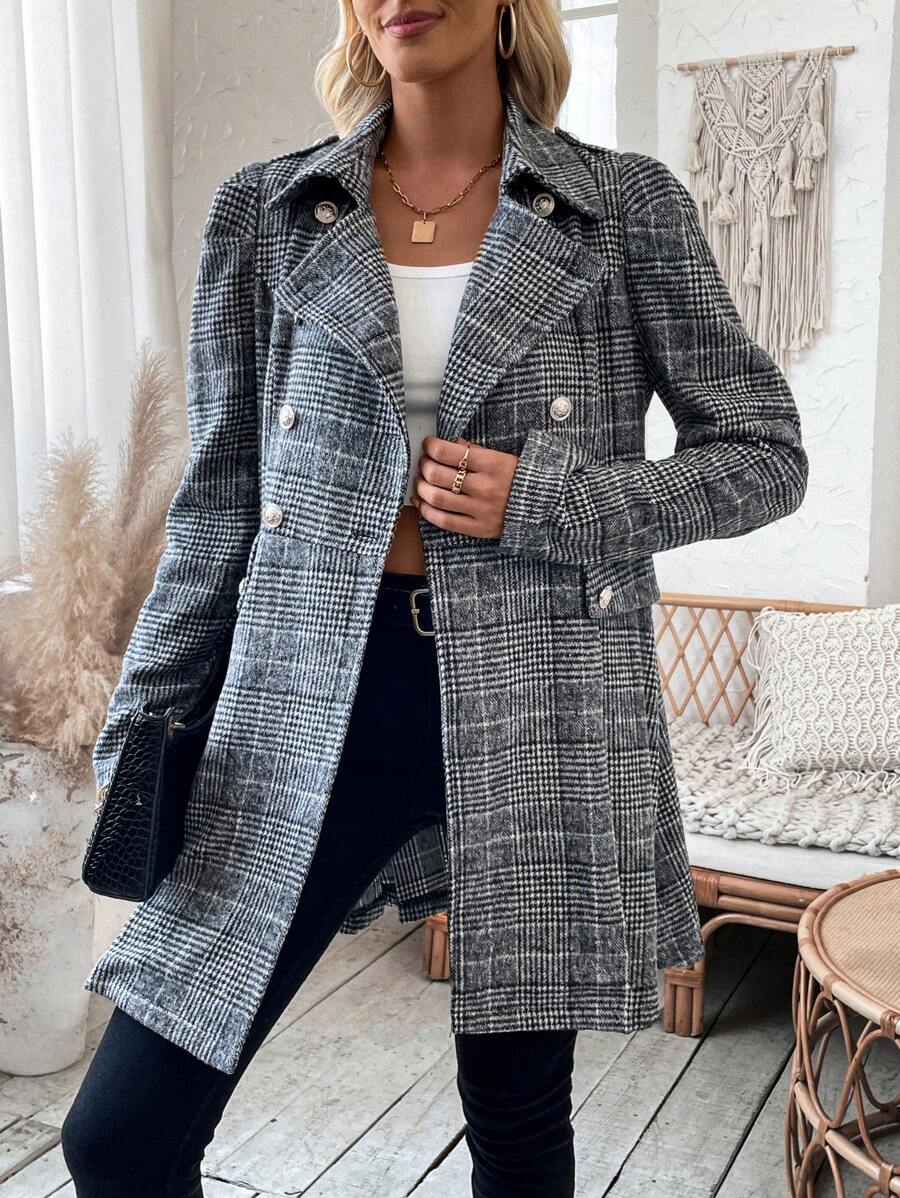 SHEIN LUNE 女士格紋v領羊毛大衣