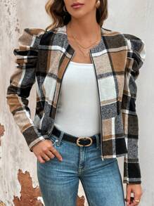 SHEIN LUNE 格紋印花半球袖拉鍊夾克 - 彩色 - 查看 5