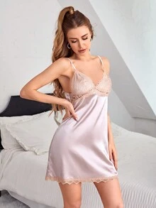 女用蕾絲拼接吊帶連身裙,配腰帶和睡袍套裝 - 粉色 - 查看 3