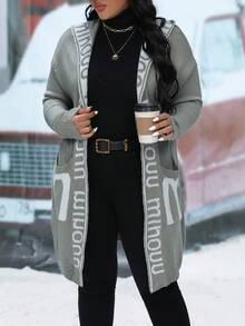 Calvaya Plus Letter Pattern Dual Pocket Drop Shoulder Hooded Cardigan - Grey - View 6