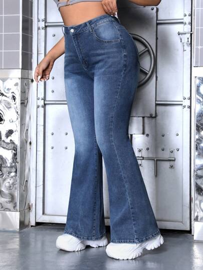 SHEIN ICON 大尺碼高腰喇叭牛仔褲水洗休閒牛仔褲