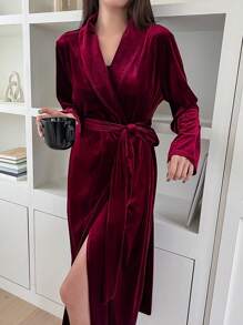DAZY 女士纯色丝绒睡袍，秋季、冬季、圣诞节、新年 - 酒紅色 - 查看 6