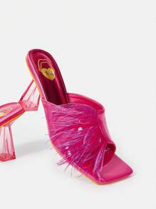 羽毛和毛茸茸裝飾的豹紋拖鞋，熱粉色，適用於派對 - 玫紅色 - 查看 1