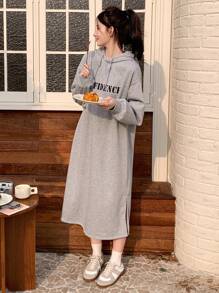 Dazy Star Letter Graphic Drop Shoulder Drawstring Hoodie Dress - Light Grey - View 4