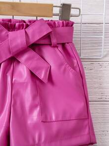 SHEIN Little Girls' Pu Belted Shorts - Hot Pink - View 5