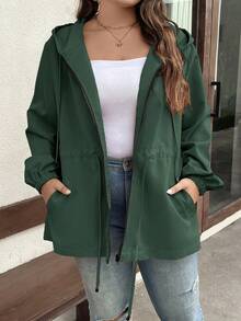 SHEIN LUNE Plus Allover Print Drawstring Waist Hooded Jacket For Autumn & Winter - Army Green - View 6