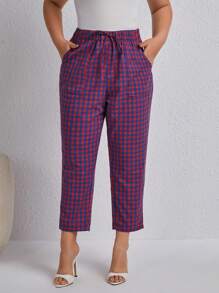 SHEIN LUNE 加斜袋水牛格紋長褲 - 藏蓝色 - 查看 1