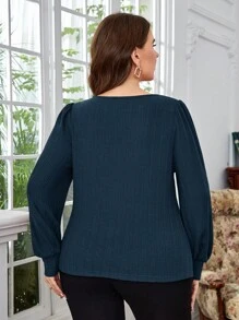 EMERY ROSE Plus Size V Neck Lantern Sleeve T-shirt - Navy Blue - View 2