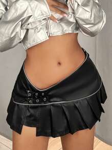 SHEIN ICON Asymmetrical Waist Contrast Piping Ruffle Hem PU Leather Skirt - Black - View 1