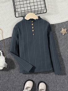 SHEIN 適合青少年女孩穿著的立領半扣紋織針織衫 - 深灰色 - 查看 1