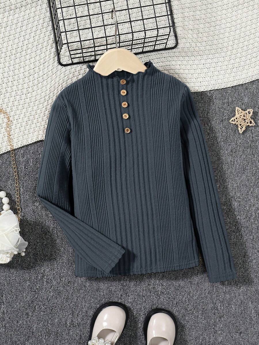 SHEIN 適合青少年女孩穿著的立領半扣紋織針織衫 - 深灰色 - 查看 1