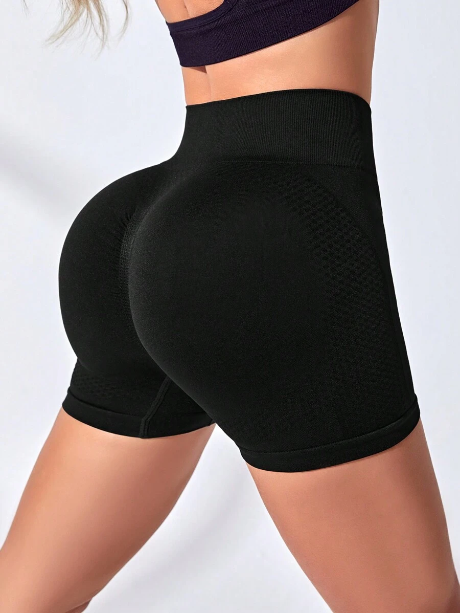 SHEIN Yoga Basic 高彈性無縫運動短褲 - 黑色 - 查看 1