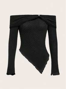 SHEIN ICON Spring Black Off Shoulder Asymmetrical Hem Tee - Black - View 1