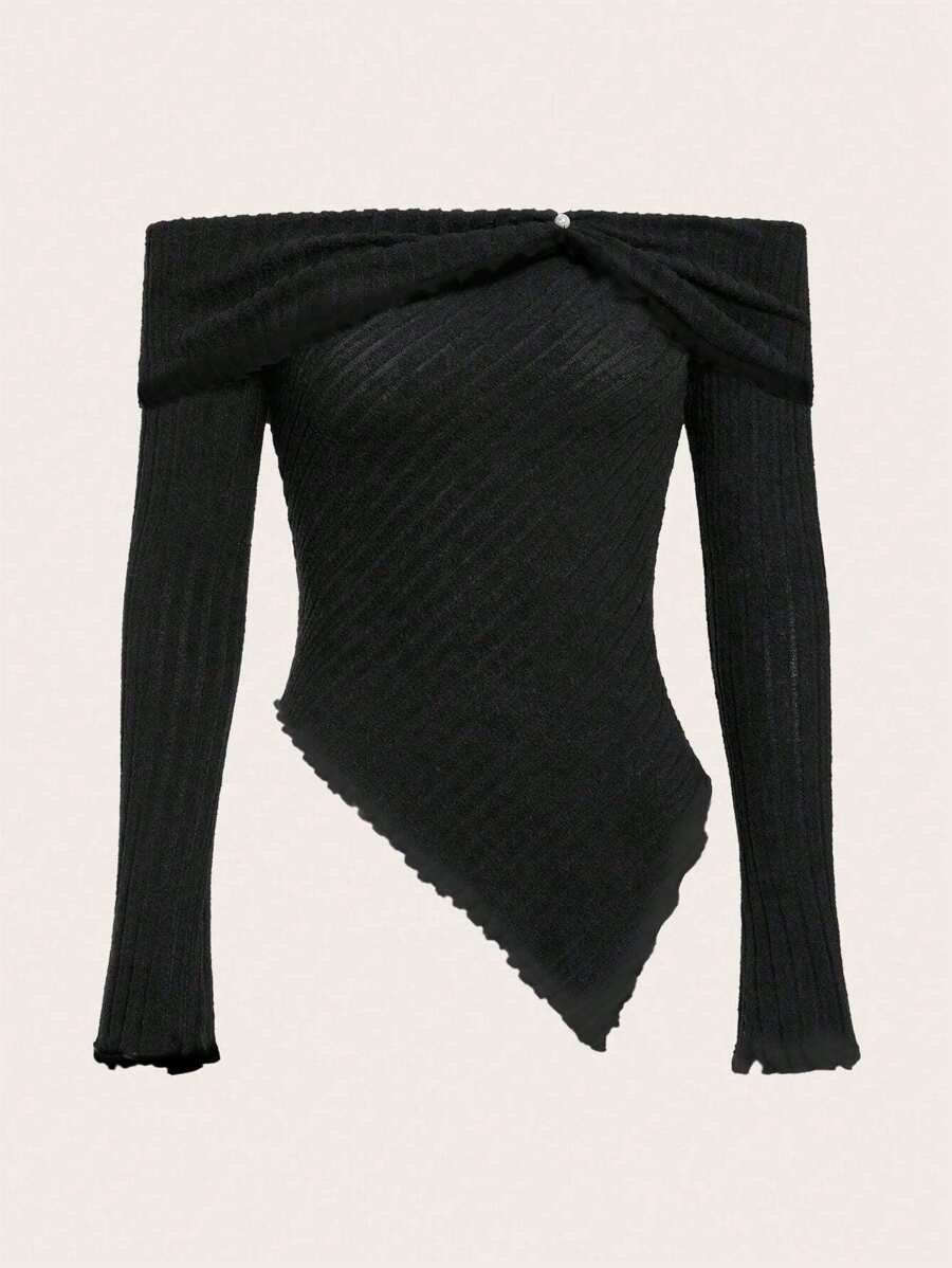 SHEIN ICON Spring Black Off Shoulder Asymmetrical Hem Tee - Black - View 1