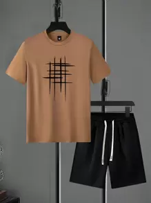 Men's Summer Short Sleeve T-Shirt And Shorts Set, Geometric Pattern Print, Fashionable Casual Outfits With Pockets, Drawstring Waist Pants, 2 Piece Set, Suitable As Gift For Husband/Boyfriend, Cozy Outfits, Breathable - Coffee Brown - View 1