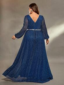 Plus Size Women V-Neck Lantern Sleeve Ruched Bust, Metallic Waist Band Sequins Split A-Line Maxi Dress - Blue - View 2