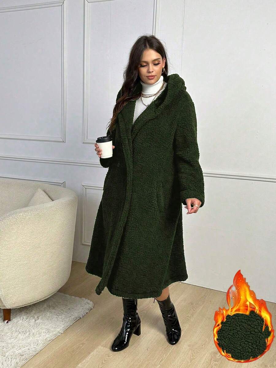 Plus Size Double-breasted Hooded Plush Coat With Slanted Pockets - Army Green - View 1