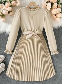 少女荷叶边荷叶袖褶边下摆系带连衣裙，适合度假、夏季、旅行 - 杏色 - 查看 1