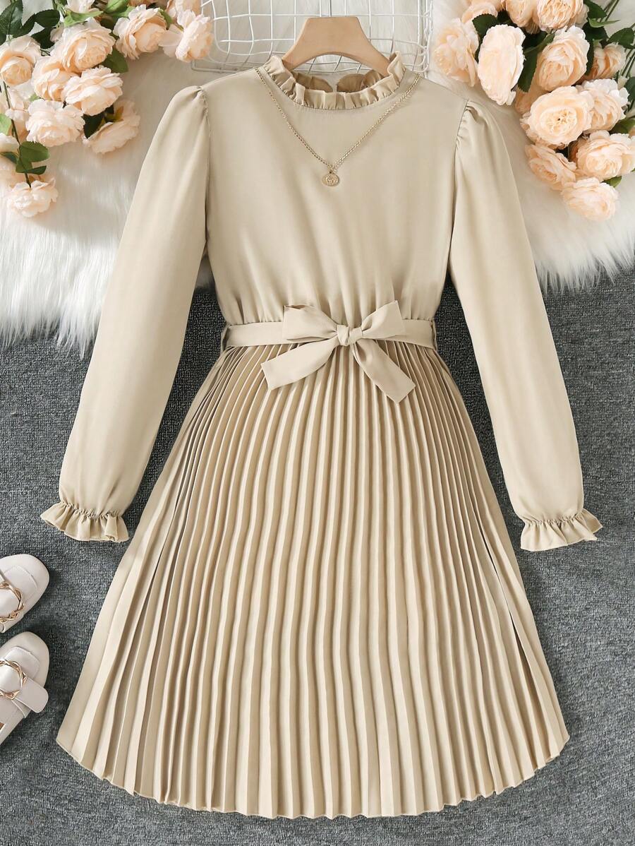 少女荷叶边荷叶袖褶边下摆系带连衣裙，适合度假、夏季、旅行 - 杏色 - 查看 1