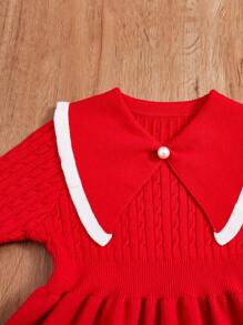 SHEIN Young Girl Contrast Trim Statement Collar Flounce Sleeve Sweater Dress - Red - View 3