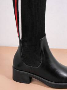 SHUZIA Women Shoes Stretchy Print Decor Round Toe Over The Knee High Heeled Casual Fashionable Fabric PU Black Boots Christmas Fall Winter - Red - View 5