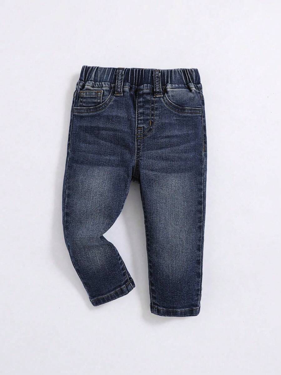 SHEIN 男童直筒牛仔褲,休閒簡約,適合秋冬 - 深色水洗藍 - 查看 1