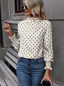 SHEIN Clasi Allover Print Mock Neck Flounce Sleeve Blouse,Long Sleeve Tops Fall Cloth For Women - Apricot - View 7