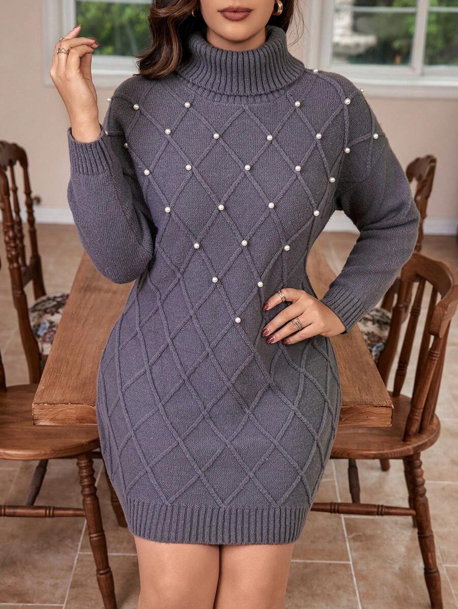 Calvaya Plus Pearls Beaded Turtleneck Drop Shoulder Sweater Dress Winter Fall Autumn - Grey - View 1
