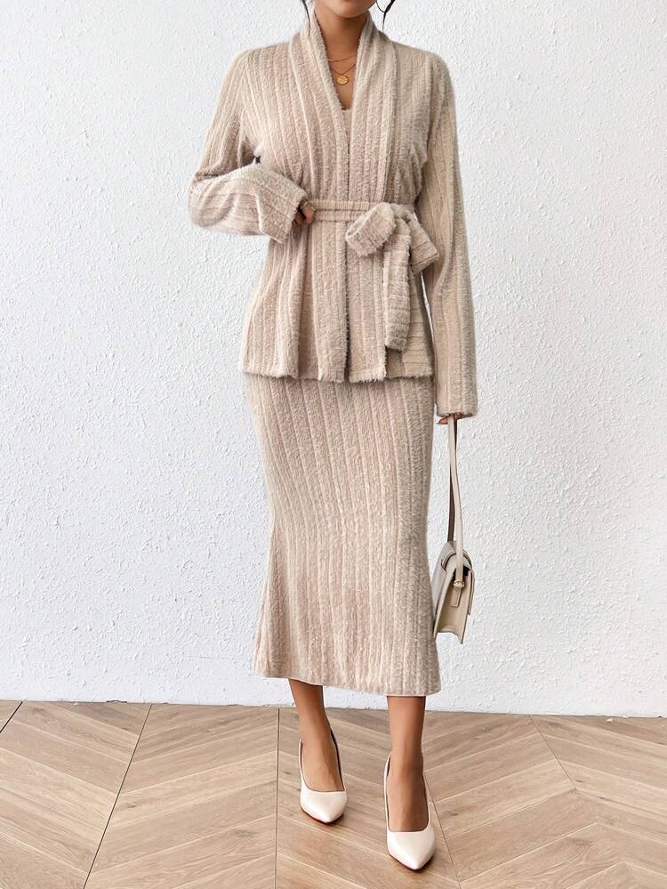 Women's Belted Coat And Sleeveless Dress Set