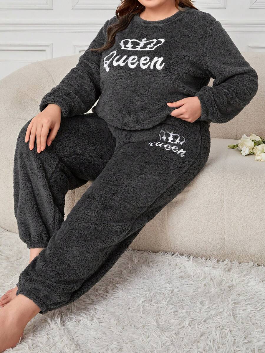 大碼字母刺繡法蘭絨睡衣套裝 - 黑色 - 查看 1