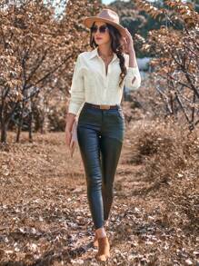 SHEIN Privé Camisa De Manga Larga Con Cuello Vuelto Para Mujer - Albaricoque - Ver 3