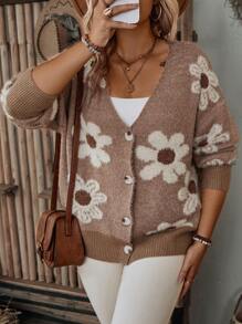 SHEIN LUNE 大碼花卉圖案鈕扣開襟衫 - 彩色 - 查看 3