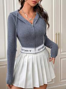 SHEIN EZwear 字母圖案短修身連帽拉鍊前開襟衫 - 彩色 - 查看 1