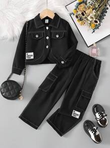 SHEIN 女小童字母貼布翻蓋口袋夾克和褲子 - 黑色 - 查看 1