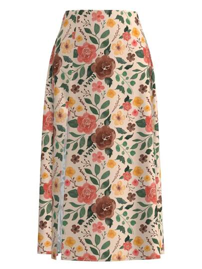 Denise Mayang Artist Boho Bohemian Vacation Floral Flower Print Split Thigh Elegant Skirt, For Summer, Holiday, Party, Spring, Beach, Festival, Ibiza Fits, Western Wear