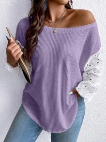 SHEIN LUNE 大尺碼拼接空心刺繡對比色t卹 - 紫色 - 查看 1