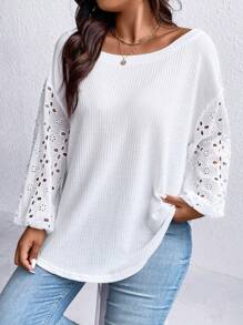 SHEIN LUNE Plus Size Wafer Check Hollow Out Embroidered T-Shirt Fall Cloth For Women - White - View 5
