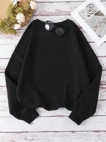 SHEIN EZwear 圓領掉肩字母印花套頭衫 - 黑色 - 查看 2